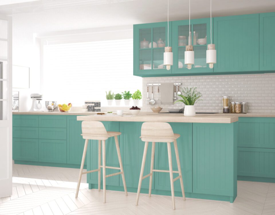 Kitchen cabinets painted turquoise green