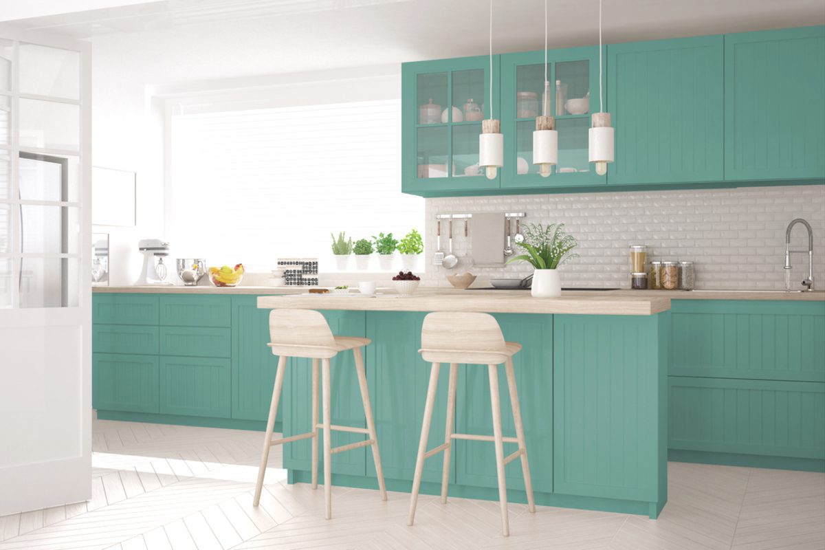 Kitchen cabinets painted turquoise green