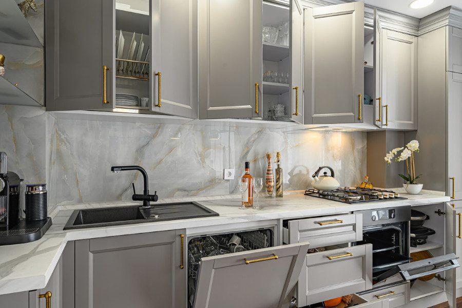 Grey painted kitchen cabinets